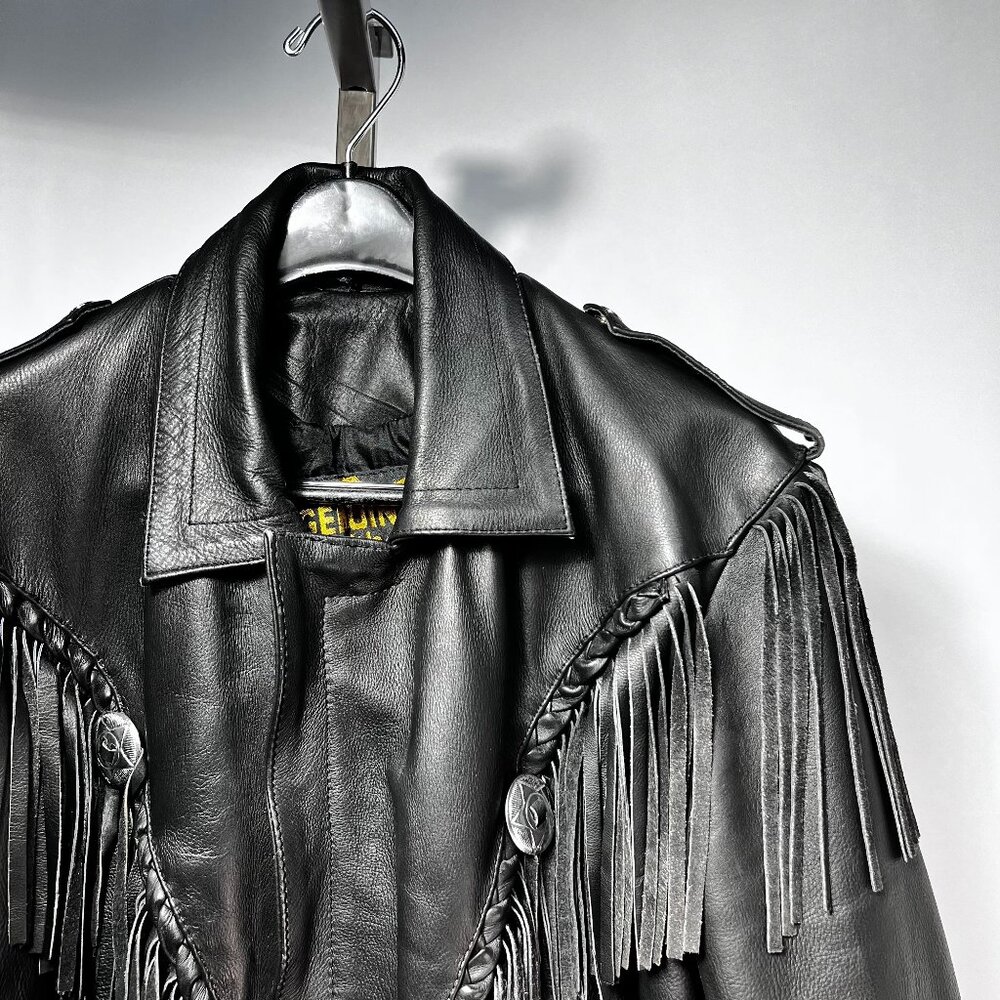 MANZOOR Black VTG Concho Fringe Belt Leather Gypsy Biker Motorcycle Jacket 46